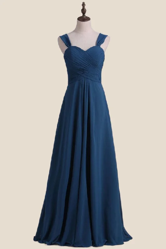 Women's Trendy Garments End - of - Month Blowout Straps Navy Pleated Chiffon A-line Bridesmaid Dress