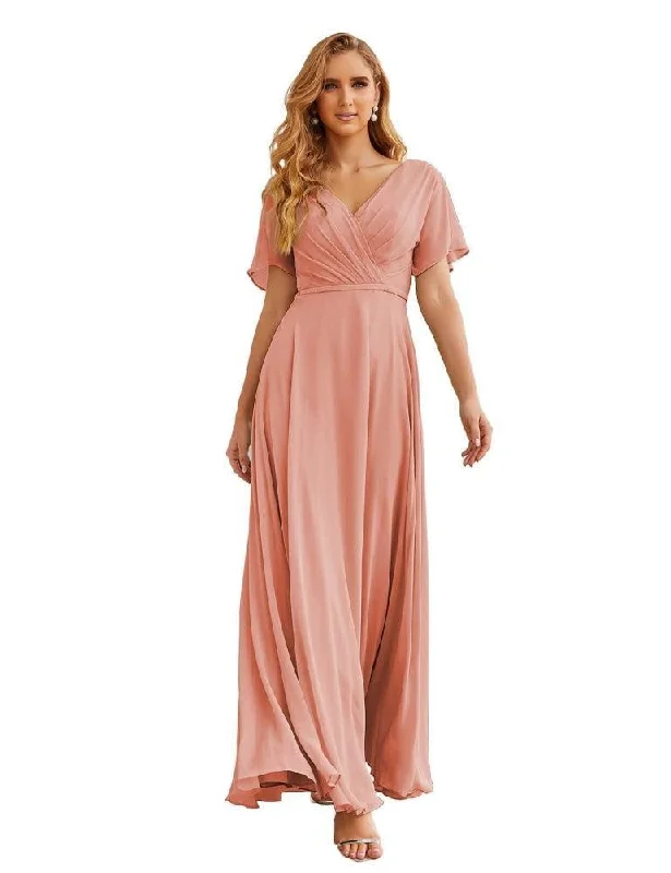 Affordable Luxury Women's Garments Flowy Fabric Numbersea Wrap V-Neck Chiffon Bridesmaid Dresses Long Formal Maxi Evening Gown for Wedding Guests  SEA28049