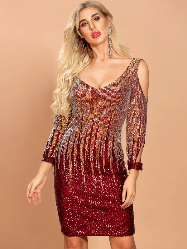 Women's Activewear Attire Fashion-Forward Style Flamingo Red Sequin Short Bodycon Cocktail Dress