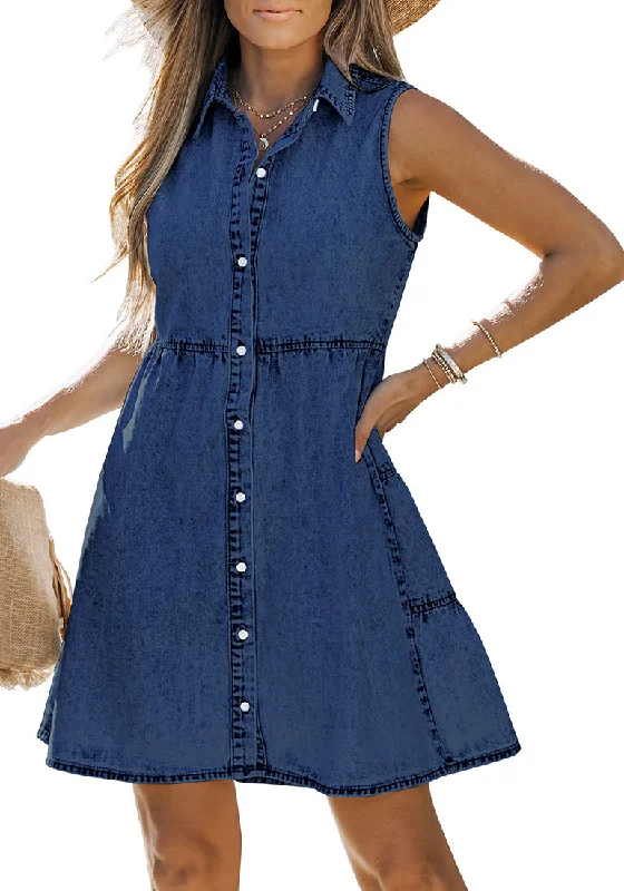 Women's Wardrobe Apparel Hollywood Glam Award - Show Style Wishful Blue Denim Dress for Women Sleeveless Babydoll Button Down Short Jean Dresses Cute Summer