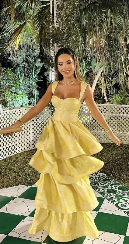 Women's Vintage Garments Minimalist Office - Ready Style Yellow Layered Satin Long A Line Prom Dress SH1001