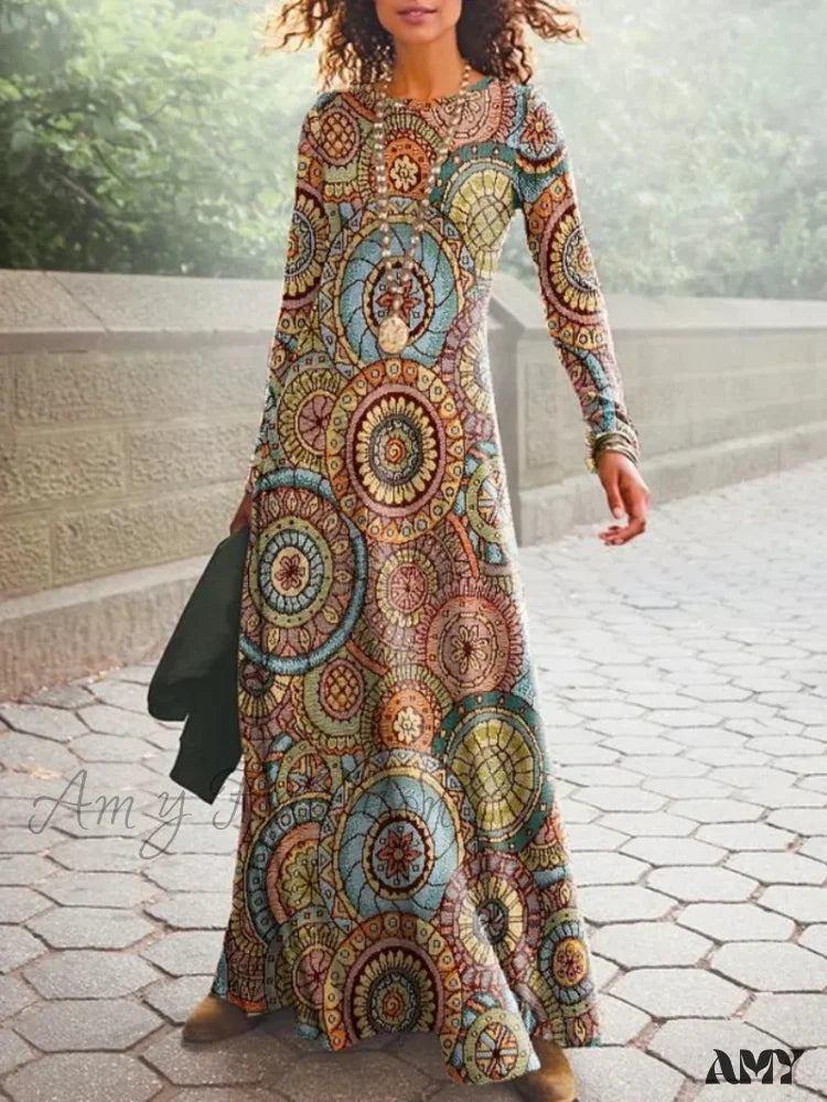 Women's Timeless Attire Final Clearance Amy Fashion - Vintage Geometric Print Long Sleeve Boho Dress