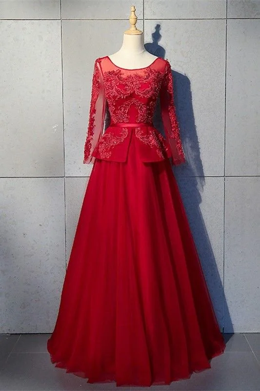 Women's Plus-Size Casual Outfit Luxury Comfort Elegant Scoop Long Sleeve Corset Red Tulle Beaded A Line Prom Evening Dress   cg19437