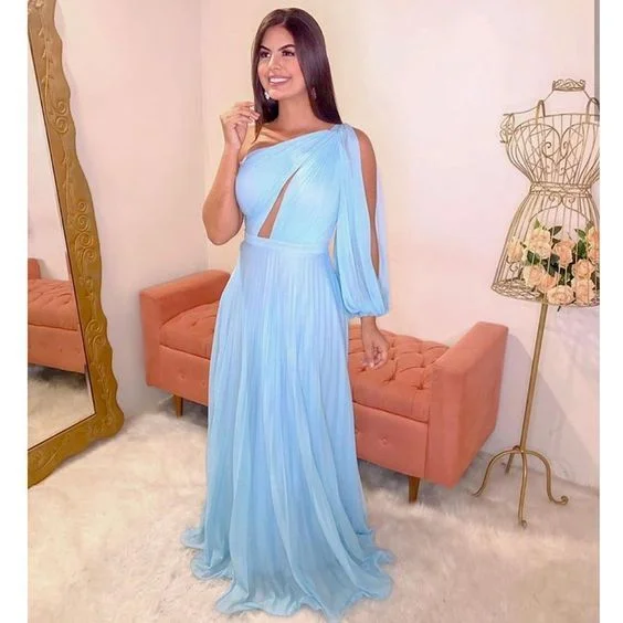 Modern Women's Outfit Urban Sophistication Blue Chiffon Long Prom Dress ,One Shoulder Cut-out Pleat Elegant Single Long Sleeve Evening Dresses    cg15227