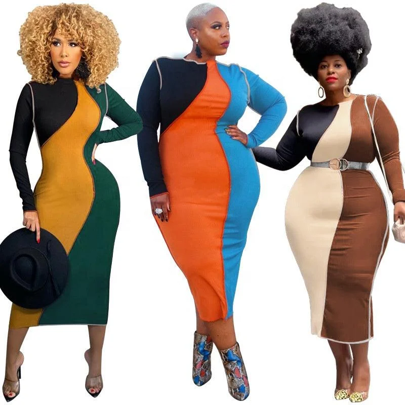 Women's Travel Attire Contemporary Elegance Color block contrast fashion bodycon casual plus size women's dress