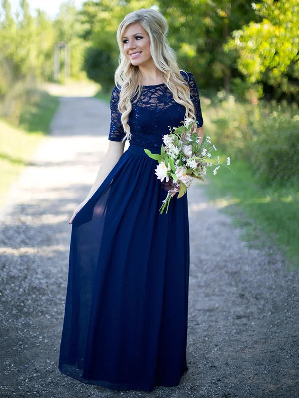 Women's Casual Outfit Refined Simplicity Half Sleeves Navy Blue Lace Long Prom Dresses, Navy Blue Lace Formal Dresses, Navy Blue Bridesmaid Dresses SP2174