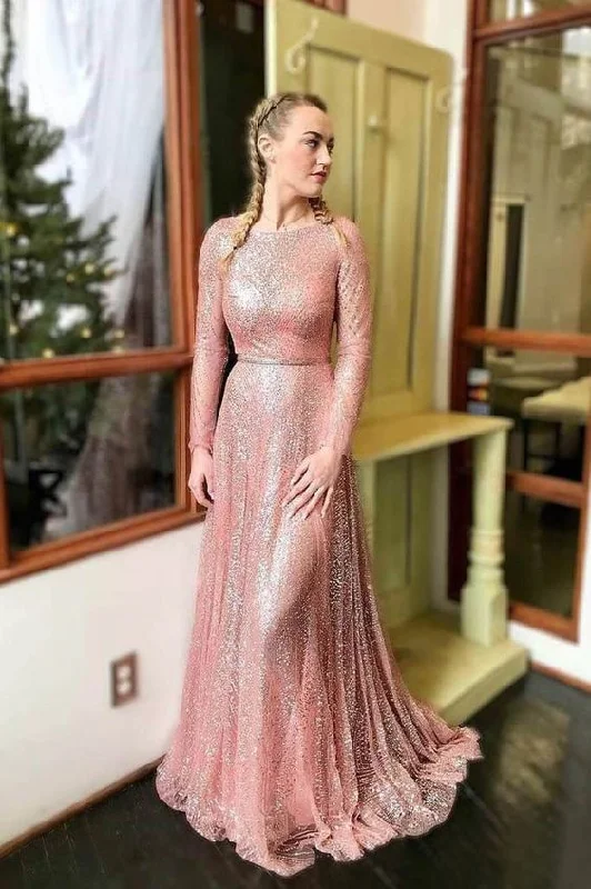 Women's Evening Garments Flowing Silhouette Sparkly Blush Pink Long Prom Dresses with Long Sleeves   cg11672