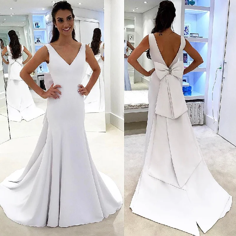 Women's Comfortable Clothes For Weekends Refined Look Long Satin Simple V-Neck  Glamorous Modest Wedding Dresses with bow,WD0350