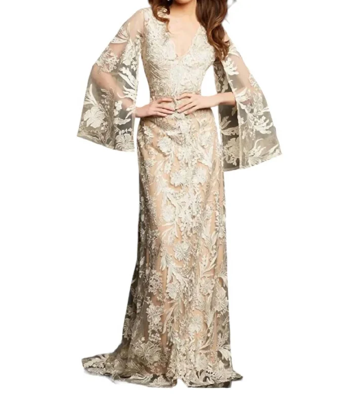 Chic Women's Outfit Score Big on Glamorous Red - Carpet Styles Cape Sleeve Lace Sheath Gown In Champagne