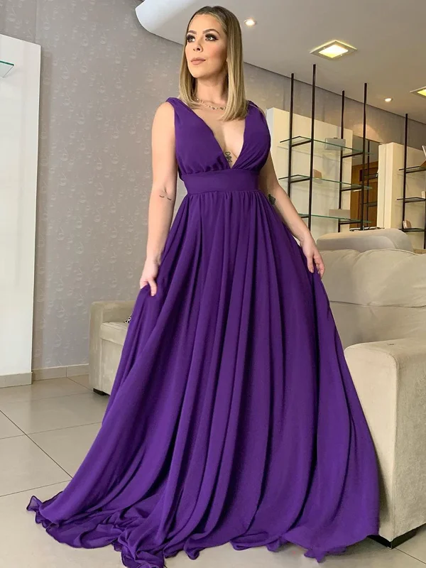 Women's Occasion Wear Clothing Statement Piece V Neck and V Back Purple Chiffon Long Prom Dresses, V Neck Purple Bridesmaid Dresses, Purple Formal Evening Dresses SP2256