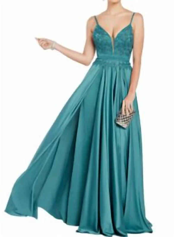 Formal Clothing For Women Graceful Movement Satin Embroidered Gown In Green