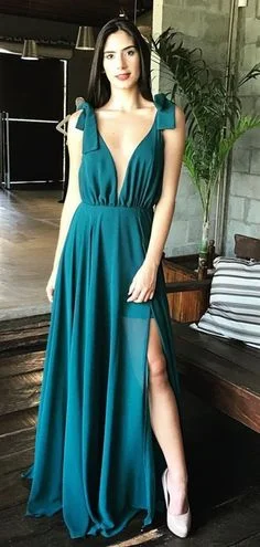 Stylish Outerwear Clothes For Women Feminine Flow Prom Dresses Elegant, Teal Chiffon V-neck Side Slit Sleeveless Simple Prom Dresses  cg6857