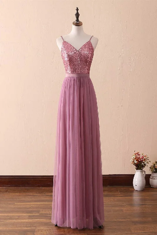 Women's Fashion Clothes Vintage Elegance Dusty Purple Sequin Spaghetti Straps A-Line Long Bridesmaid Dress