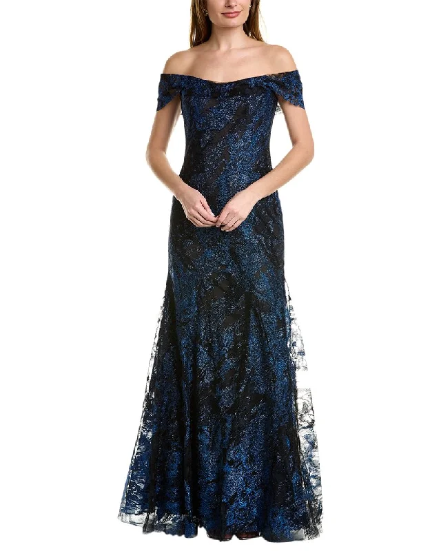 Fashionable Women's Casual Apparel Contemporary Chic Rene Ruiz Off-The-Shoulder Embroidered A-Line Gown