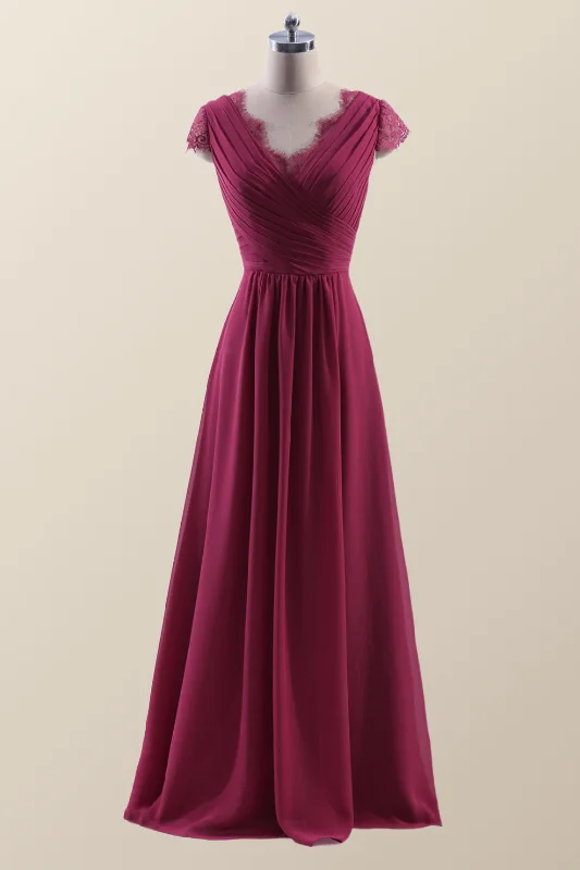 Women's Clothing For Special Occasions Dreamy Draping Cap Sleeves Burgundy Chiffon Long Bridesmaid Dress