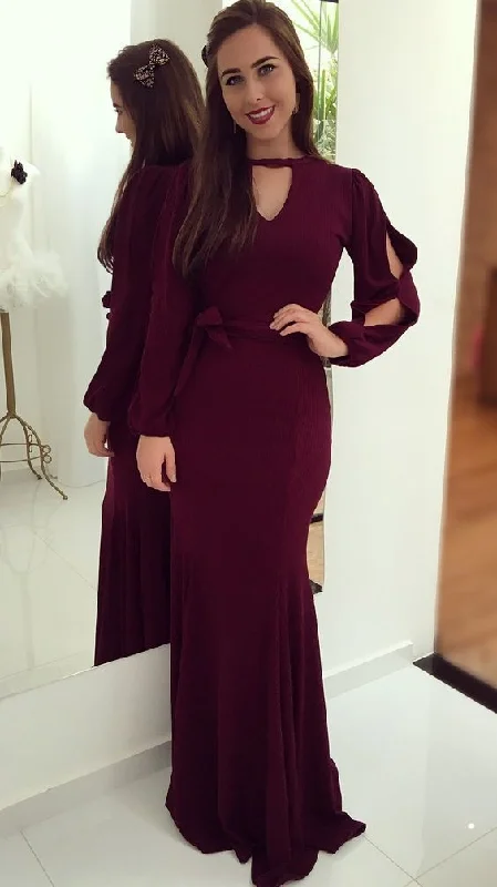 Women's Holiday Outfit Luxury Style Burgundy evening dress , Elegant Long Sleeves Prom Dress , prom dress  cg5719