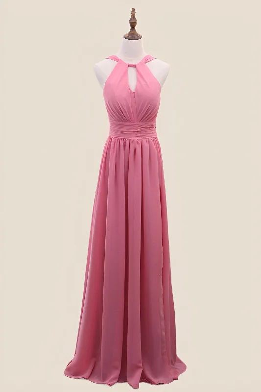 Vintage-Inspired Garments Early Access to Art Deco Styles Sale Halter Blush Pink Chiffon A-line Long Bridesmaid Dress