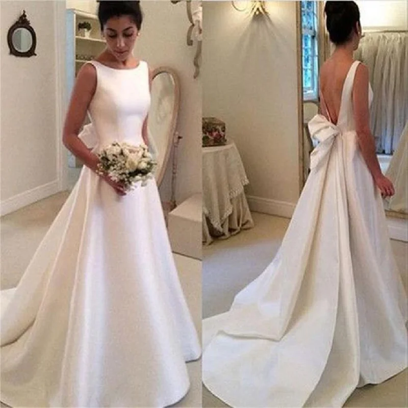 Women's Elegant Clothing Sets Everyday Glamour Long Simple Satin Backless White Noble Charming Wedding Dresses, Formal Prom Dress, WD0226