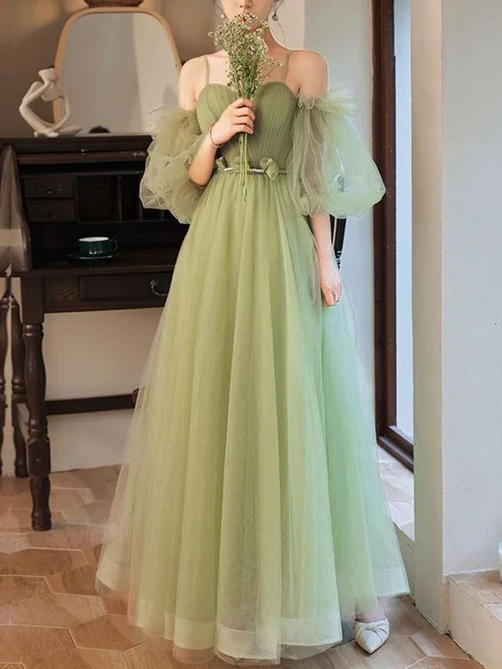 Women's Everyday Apparel Effortless Sophistication Simple A line Green Long Prom Dress, Green Tulle Bridesmaid Dress Y1857