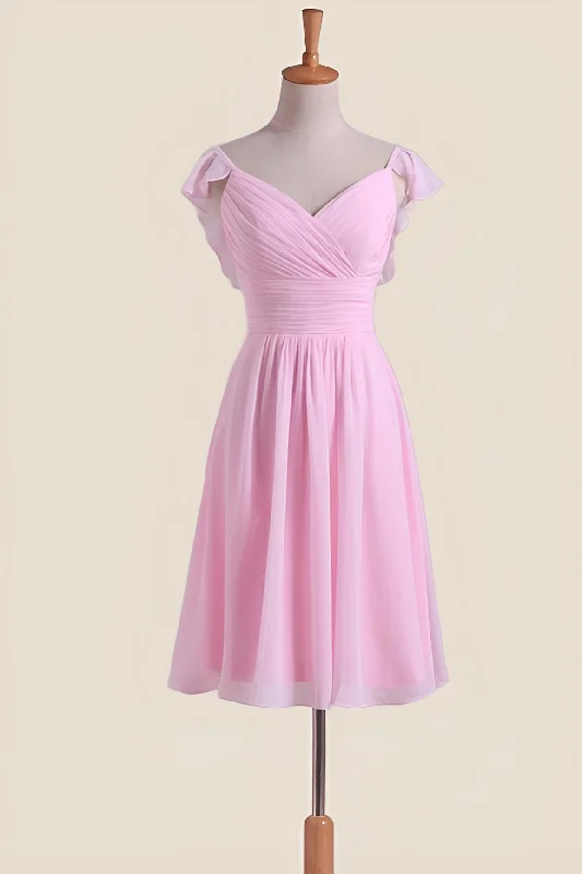 Plus-Size Women's Garments Chic Sophistication Pink Pleated Cap Sleeves Short Bridesmaid Dress