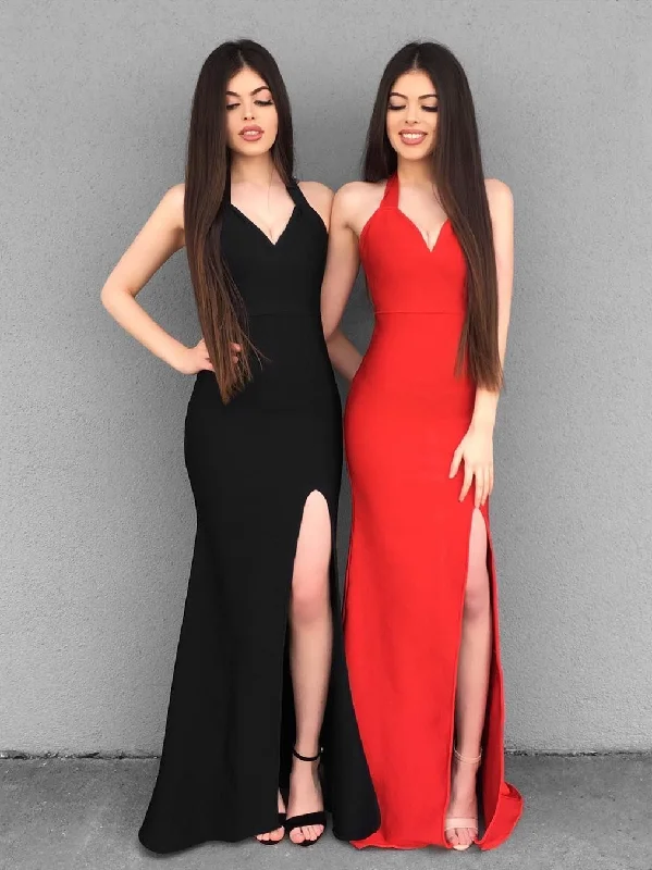 Women's Seasonal Wardrobe Clothing Romantic Flair V Neck Mermaid Black/Red Long Prom Dresses with Side Slit, Mermaid Black/Red Bridesmaid Dresses, Graduation Dresses