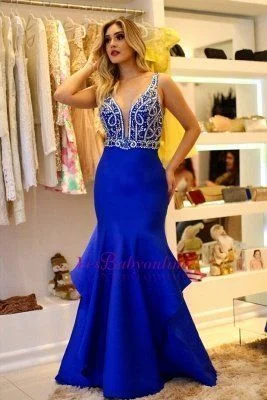 Women's Clothing For Outdoor Activities Sophisticated Cut Modern Sleeveless Royal-Blue Straps Ruffles Mermaid Prom Dress  cg9089