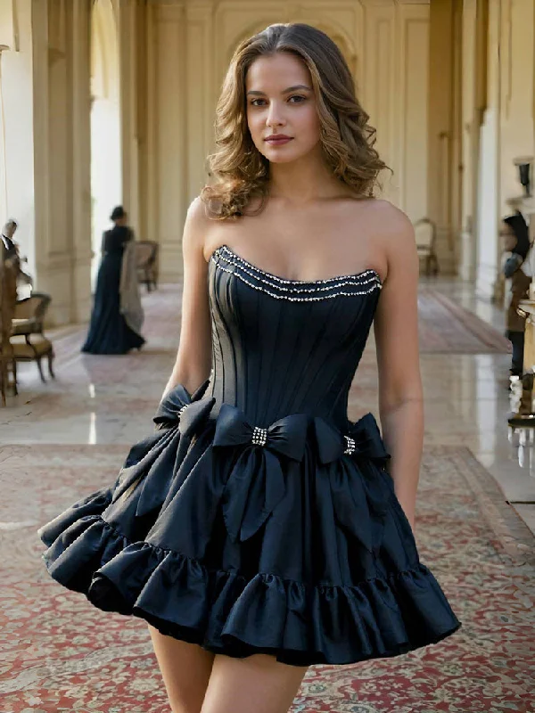 Women's Holiday Attire Limited - Edition Drops Ruffles Black Sleeveless Homecoming Dresses with Bowknot