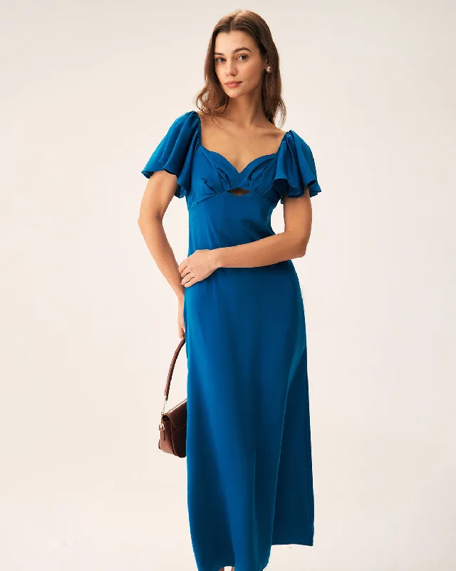 Women's Casual Outfit Minimalist Chic Blue Satin Sweetheart Neck Maxi Dress