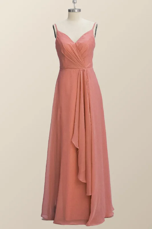 Affordable Women's Garments Feminine Soft - Hued Styles Straps Coral Chiffon A-line Ruffle Long Bridesmaid Dress