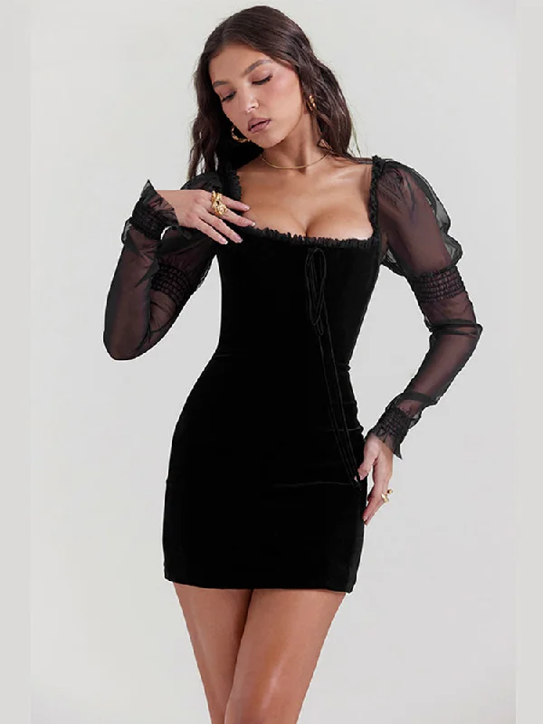 Women's Chic Apparel Disco - Inspired Retro Dance Look Gothic Wooden Ear Edge Wrap Hip Mesh Long Sleeve Square Neck Ruched Bodycon Mini Dress