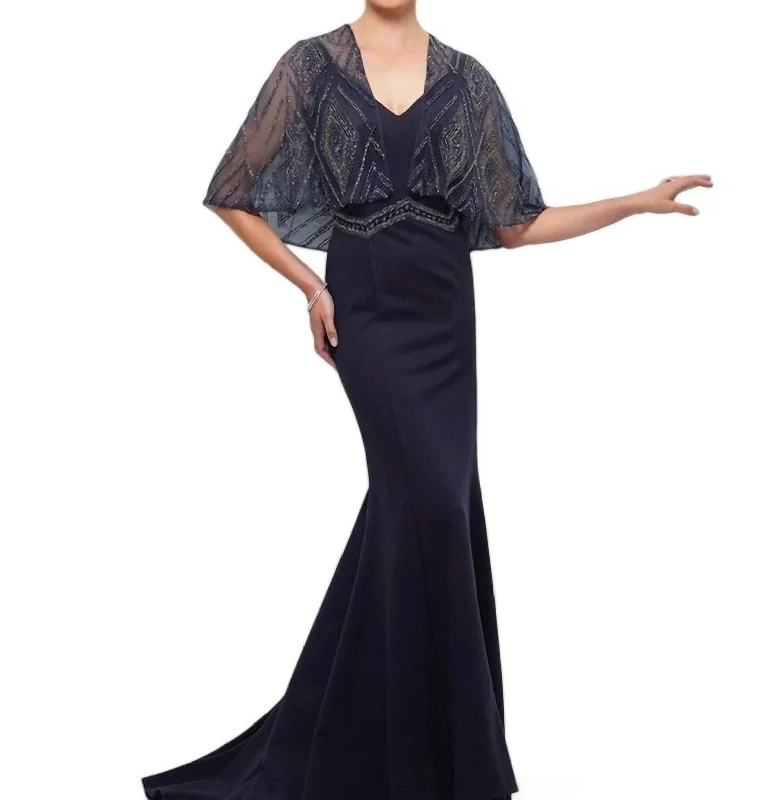 Stylish Clothes For Women Great Deals on Ethnic Cultural Wear Sleeveless Crepe Fit And Flare Gown With Cape In Navy