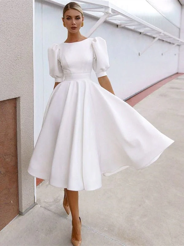 Women's Casual Apparel For Weekends Feminine Elegant Round Neck Bubble Sleeves Ivory Satin Wedding Dresses, Elegant Wedding Dresses, Newest Wedding Dresses, Affordable Wedding Dresses