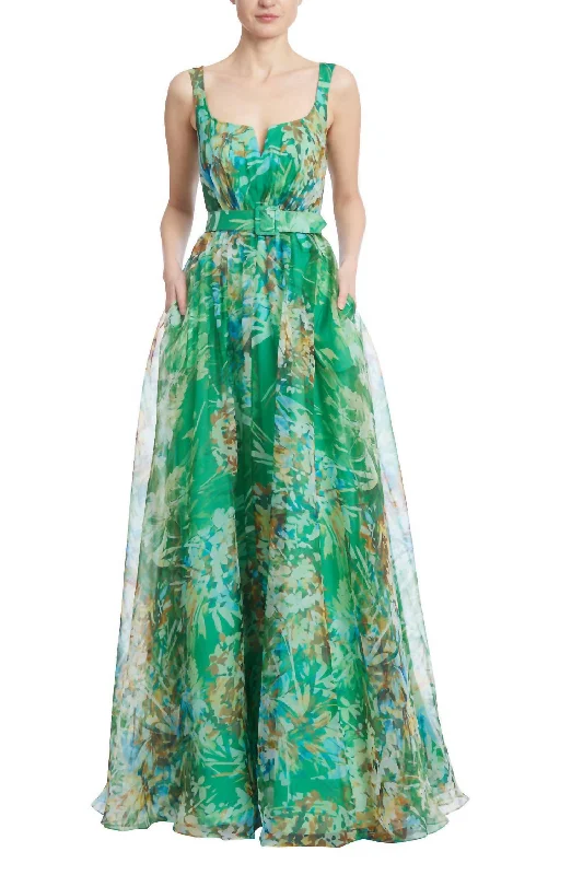 Casual Clothing For Women Modern Romance Organza Print Gown In Green Multi