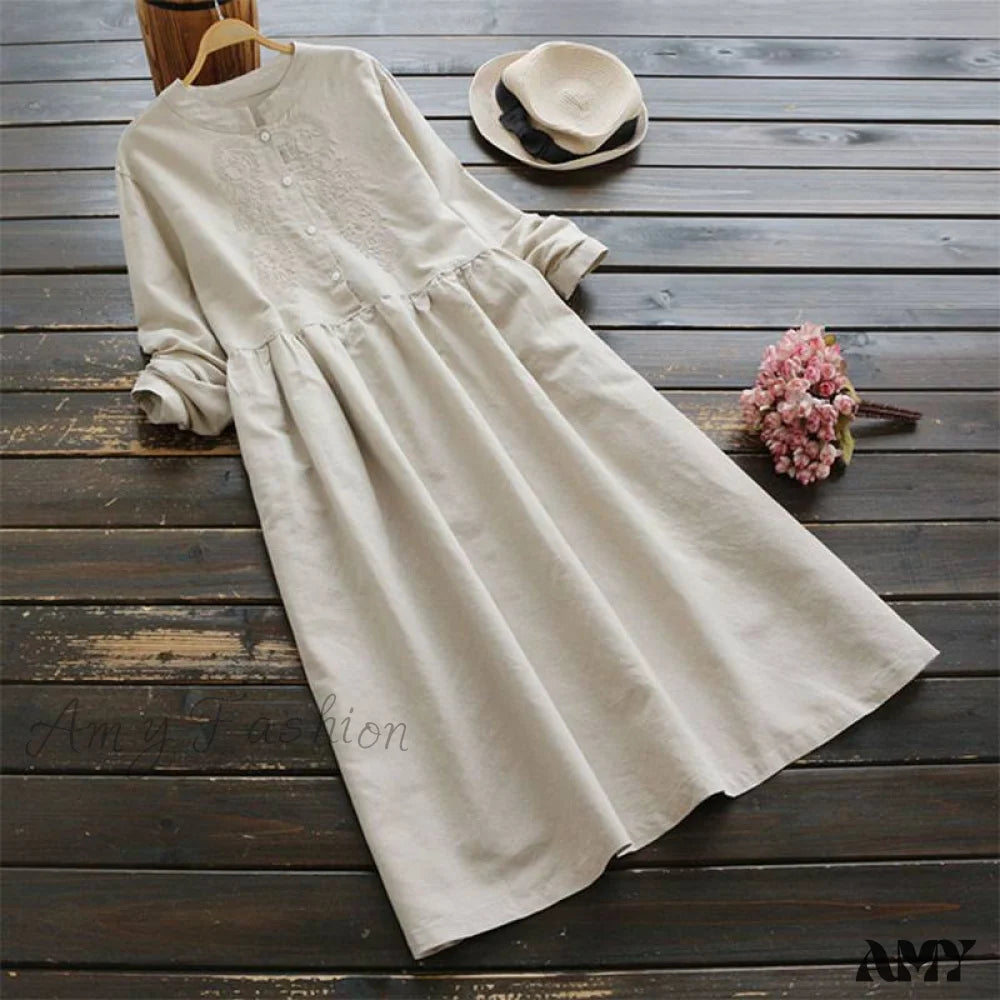 Women's Clothing Apparel Alluring Design Amy Fashion - Vintage Casual Cotton Linen Vestidos Long Sleeve Dress