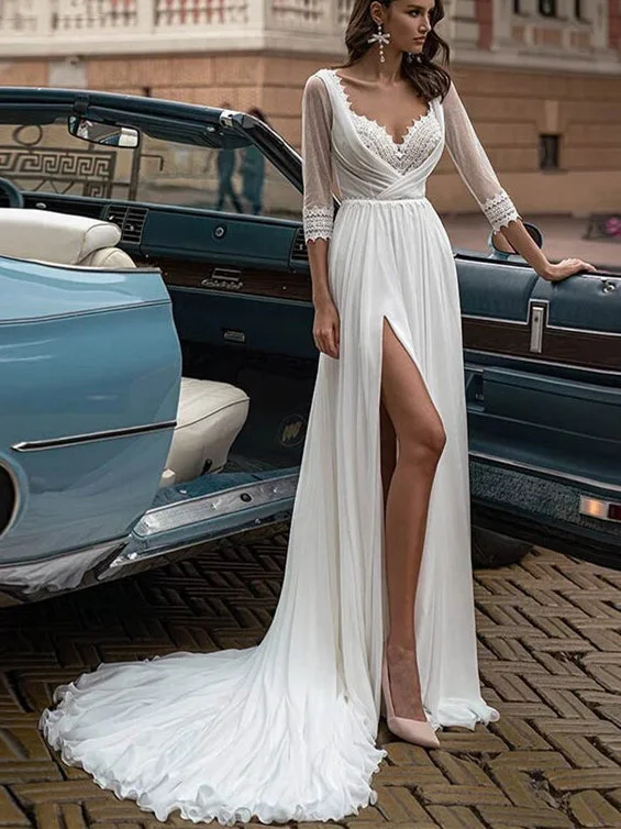 Women's Evening Apparel Tropical Island - Inspired Attire 3/4 Sleeves Chiffon Lace Wedding Dresses, Long Wedding Dresses, Side Slit Wedding Dresses, 2021 Wedding Dresses