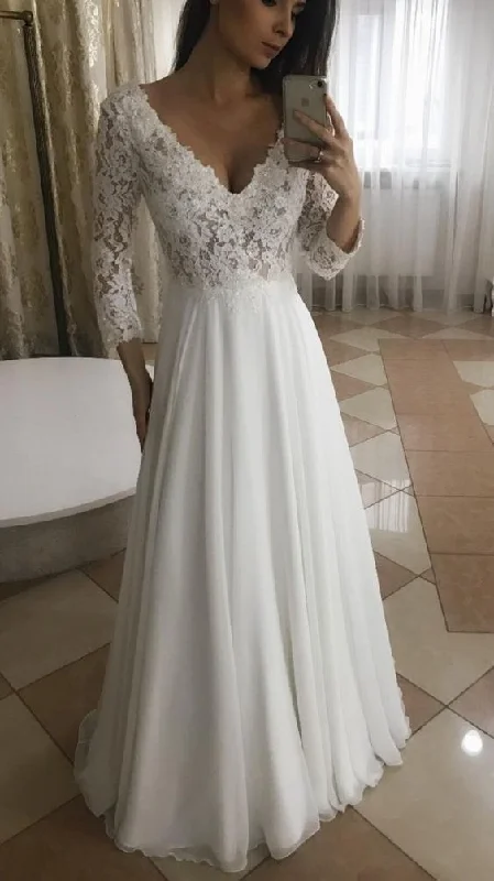 Comfortable Women's Clothes End - of - Month Blowout Elegant A Line V Neck Long Sleeves White Lace Long prom Dresses cg1206