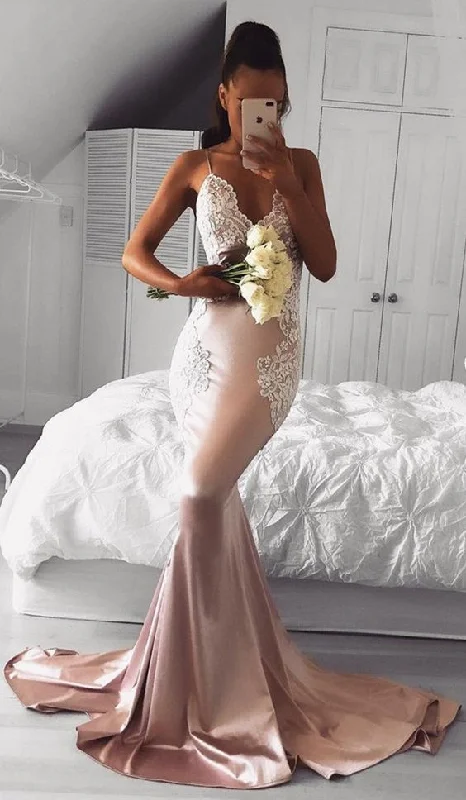 Women's Fashion Clothes Romantic Date - Night Ensemble Pink Spaghetti Straps Lace Sleeveless Cute Mermaid Prom Dress  cg6268