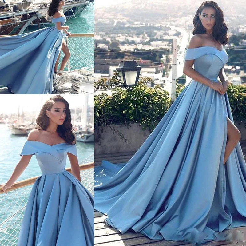 Women's Trendy Clothes Vibrant Prints Elegant Sky Blue Prom Dress A Line Satin Long Formal Evening Gown with Slit LP716