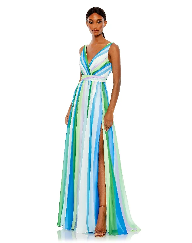 Women's Clothing For Casual Outings Dreamy Draping Striped Multi Sleeveless Gown