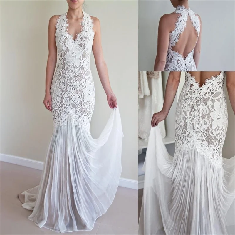 Women's Clothes And Apparel Sets Chic Urban Fashion Look Mermaid Lace Unique Design Elegant  Flowy Keyhole Back Wedding Dresses,  WD0229