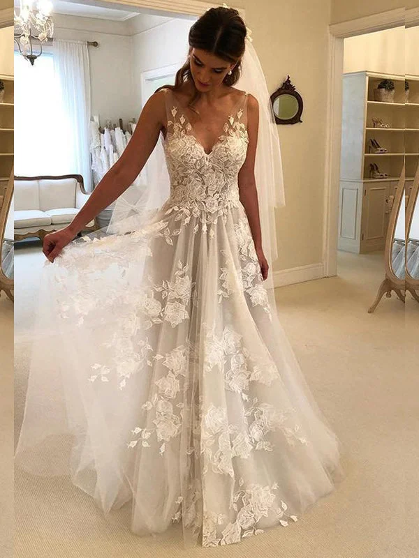 Tailored Clothing For Women Boho - Chic Festival - Ready Style Long Lace Deep V-back A-line Summer Beach Wedding Dresses with appliques, PD0780