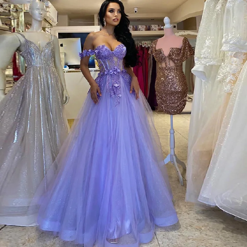 Women's Elegant Clothes Graceful Cut Shiny Purple Tulle 3D Flower Prom Dresses A Line Off The Shoulder Lace Formal Party Evening Gowns Women Bridesmaid Dress