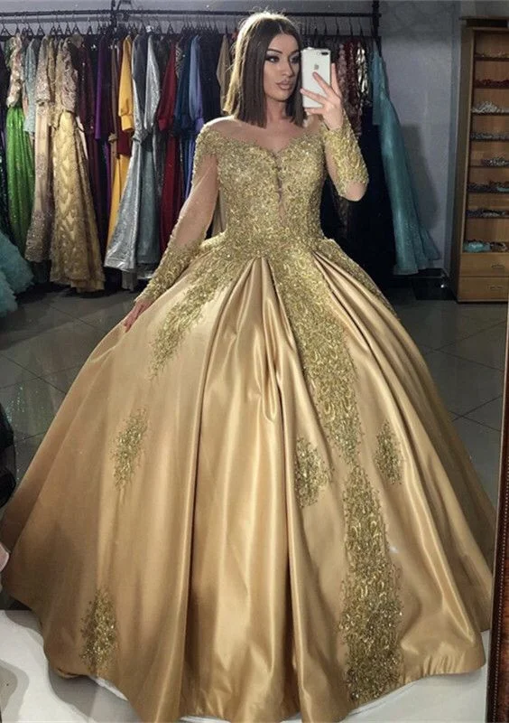 Women's Attire Contemporary Elegance Gold Quinceanera Dresses Long Sleeves long prom dress   cg14144