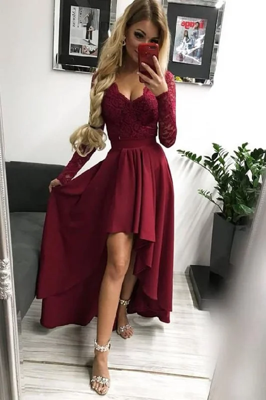 Formal Attire For Women Fashion-Forward Style High Low Long Sleeves V Neck Prom Dress, Burgundy A Line Graduation Dress with Lace  cg1824