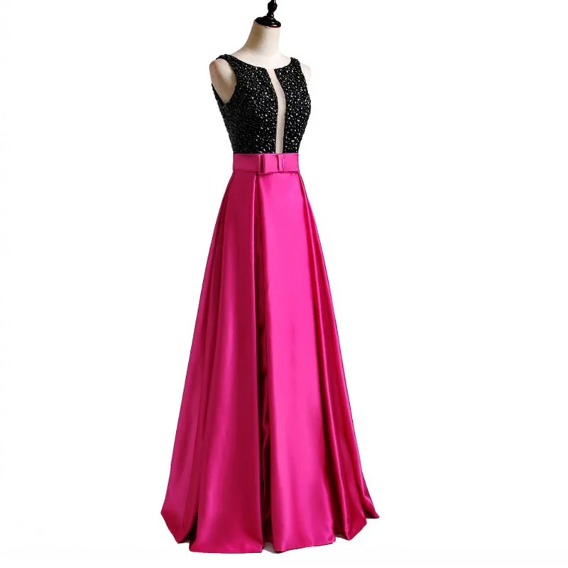 Stylish Clothes For Women Feminine Charm LP3361 Illusion Plunge Open neck Fuchsia and Black Prom Dress A Line Satin 2018 Formal Wear Long