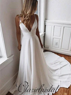 Affordable Women's Apparel Luxe Layering Spaghetti Long A-line V-neck Ivory Chiffon Lace Wedding Dresses, Popular Bridal Gown