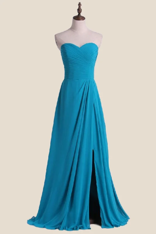 Women's Casual Garments Seasonal Trend Strapless Blue Chiffon A-line Long Bridesmaid Dress