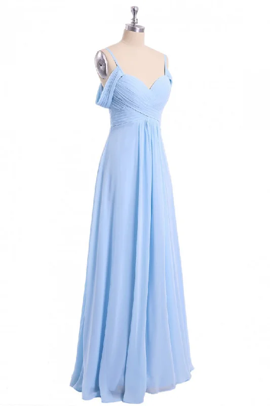 Women's Casual Wear Outfit Sleek Design Light Sky Blue Off Shoulder Spaghetti Strap Chiffon Floor Length Bridesmaid Dress N2057