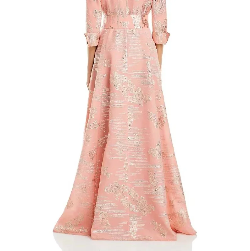 Women's Evening Wear Attire Score Big on Glamorous Red - Carpet Styles Metallic Jacquard Organza Gown In Peach