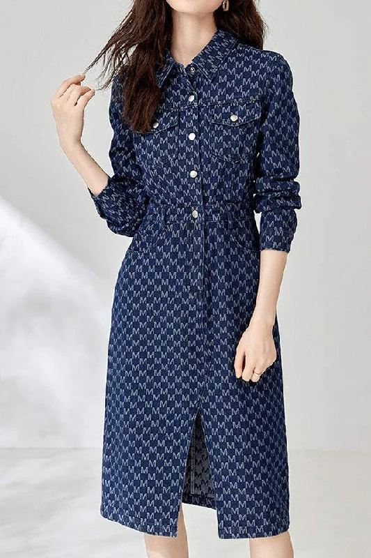 Women's Resort Garments Contemporary Elegance Denim Embroidered Long Sleeve Dress